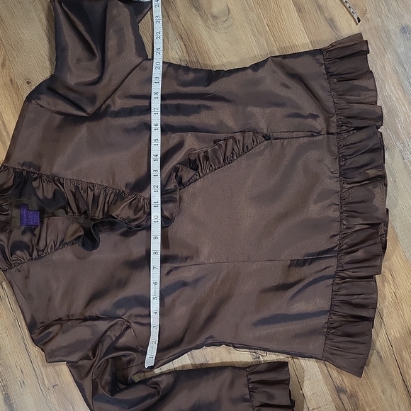 VINTAGE METAPHOR Brown Poly/Nylon Acetate Wrap V-neck Ruffle Blouse - Picture 14 of 16